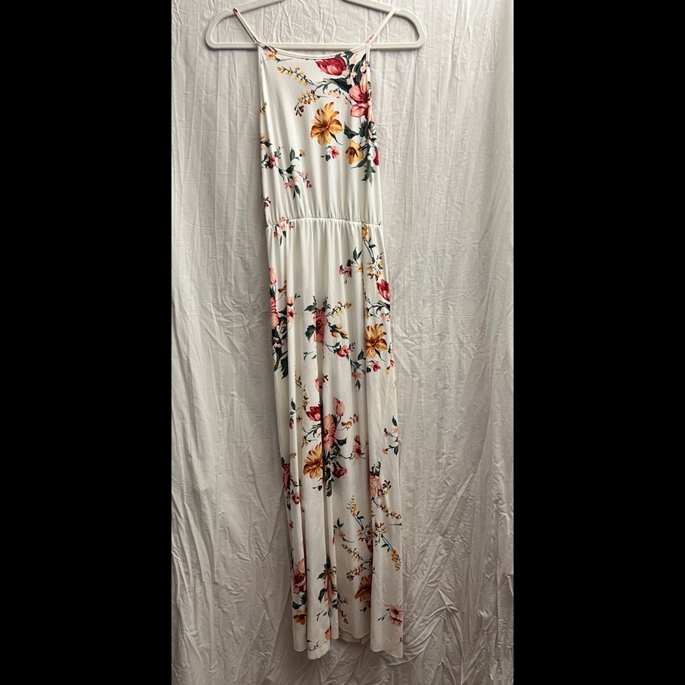 Elegant Floral Maxi Dress - White with Red and Yellow Accents